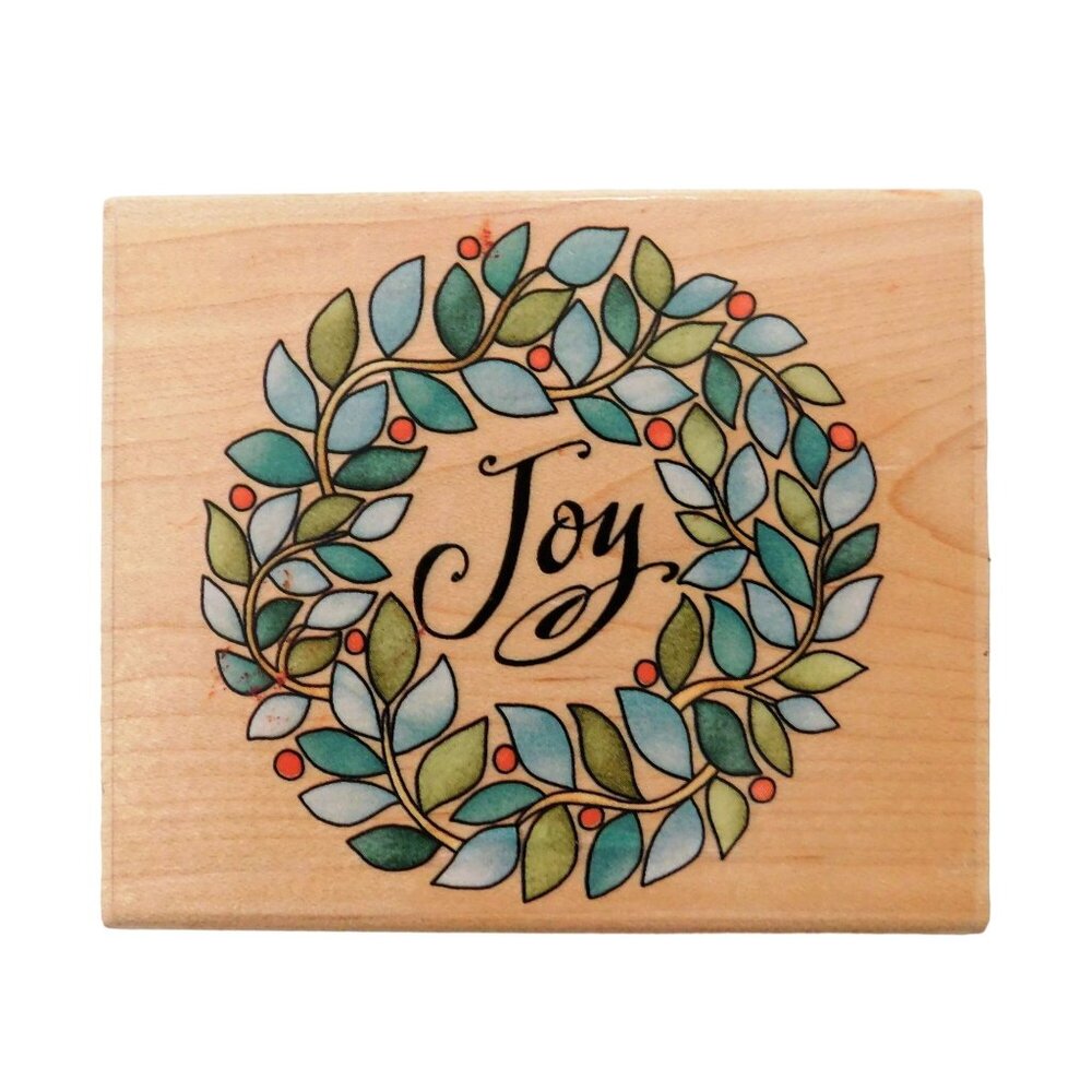 Inkadinkado Stamps Joy Wreath Design Rubber Stamp #9990 4 x 3.5 Wood Mounted